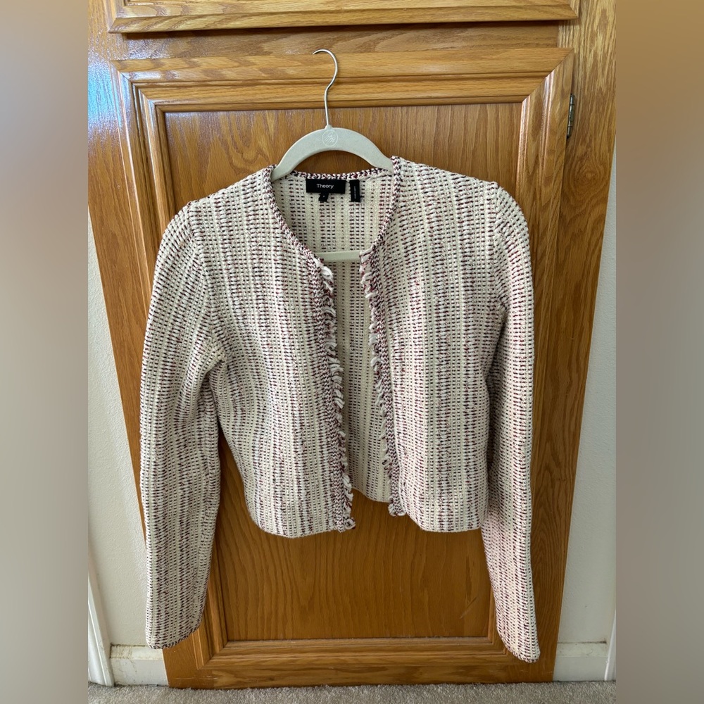 Theory red white woven blazer jacket cardigan size P XS